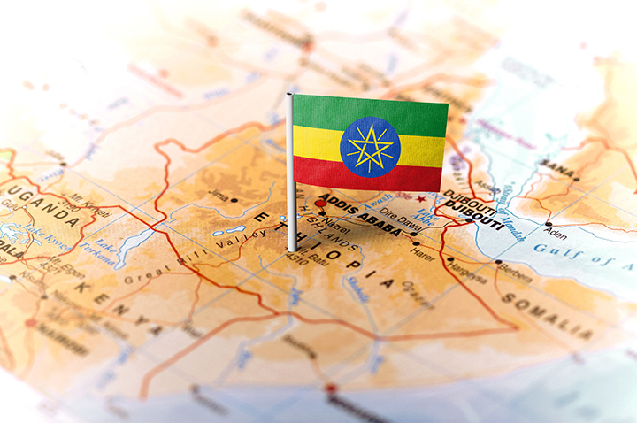 Ethiopia pinned on the map with flag